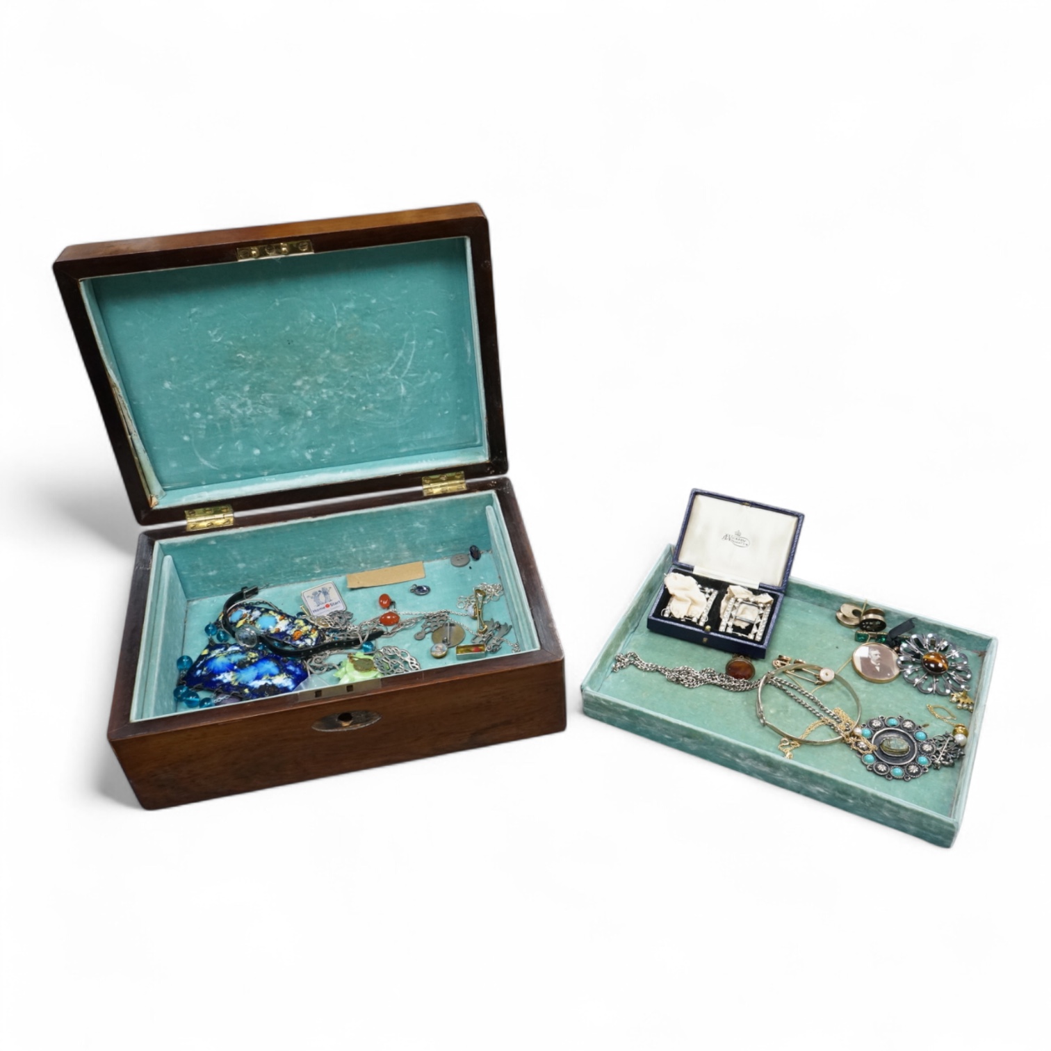 Assorted costume and other jewellery including a cased pair of paste buckles, agate set fob seal, a9ct pendant on a 9ct gold chain, Egyptian white metal bangle, a Scottish silver pendant, etc, housed in a mahogany work b